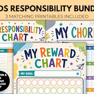 May include: A kids responsibility bundle featuring three printable charts titled My Responsibility Chart, My Chores, and My Reward Chart. The designs include colorful text, stars, and paper airplanes on a cream background with US Letter and A4 text.