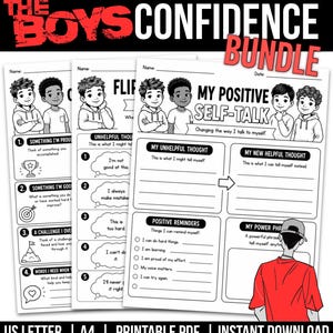 Może przedstawiać: Zestaw arkuszy do druku w formacie PDF zatytułowany The Boys Confidence Bundle, zawierający ćwiczenia dotyczące pozytywnego dialogu wewnętrznego. Strony zawierają czarno-białe ilustracje chłopców, numerowane listy, dymki i puste linie.
