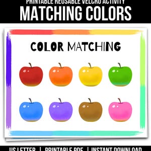 Puede incluir: Una hoja de actividades imprimible titulada COLOR MATCHING con ocho manzanas de diferentes colores: rojo, naranja, amarillo, verde, azul, morado, marrón y rosa. La página tiene un borde colorido y el texto PRINTABLE REUSABLE VELCRO ACTIVITY.