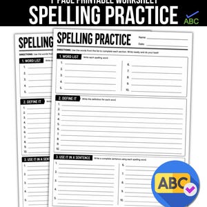 Op de afbeelding: Een printbaar spellingwerkblad van één pagina met secties voor een woordenlijst, definities en zinnen. Het document bevat lijnen voor naam en datum, vetgedrukte koppen voor elke sectie en een blauw rond icoon met de letters ABC.