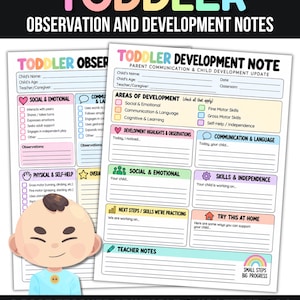 Puede incluir: Un conjunto de dos páginas imprimibles para notas de observación y desarrollo de niños pequeños en formato US Letter y A4. Los formularios incluyen encabezados coloridos, casillas de verificación y secciones para notas y actualizaciones.