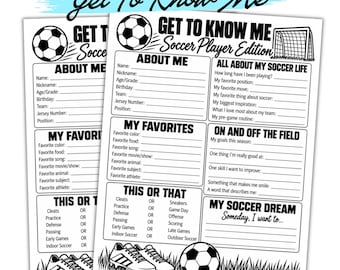 Imprimible "Jugador de fútbol: Conóceme" / Actividad para equipos de fútbol / Hoja de trabajo de fútbol / Cuestionario para atletas / Creación de vínculos de equipo