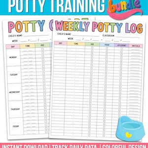 May include: A potty training bundle featuring two printable log sheets with colorful headers. The weekly potty log includes columns for day, time, pee, poop, accident, and initials, with a small blue potty chair icon featuring a yellow duck.