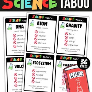 May include: A Science Taboo game set featuring multiple white rectangular cards with black borders. Each card displays a science term like DNA, Atom, Gravity, or Ecosystem, a list of taboo words with red prohibition symbols, and a small green beaker icon.