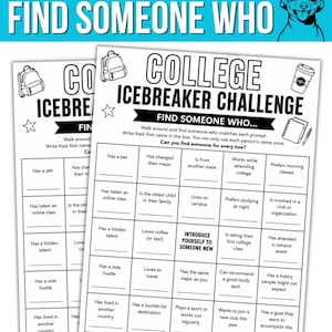 May include: A printable college icebreaker challenge game sheet featuring a grid of prompts like 'Has a pet' and 'Loves coffee'. The black and white document includes illustrations of a backpack, a coffee cup, a notebook, and a dog icon at the top.
