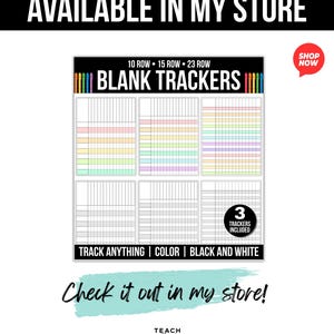 K&ouml;nnte beinhalten: Ein Set aus leeren Trackern mit Layouts f&uuml;r 10, 15 und 23 Zeilen. Das Dokument enth&auml;lt farbige sowie schwarz-wei&szlig;e Rasterdesigns mit dem Text "BLANK TRACKERS", "10 ROW 15 ROW 23 ROW", "3 TRACKERS INCLUDED" und "TRACK ANYTHING | COLOR | BLACK AND WHITE".