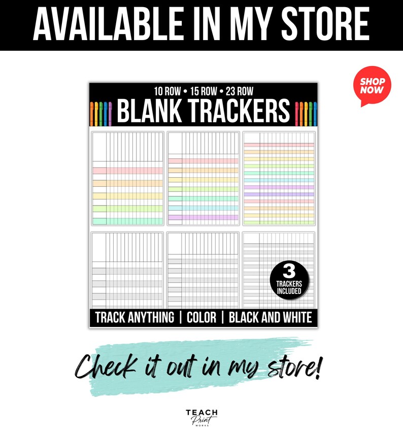 K&ouml;nnte beinhalten: Ein Set aus leeren Trackern mit Layouts f&uuml;r 10, 15 und 23 Zeilen. Das Dokument enth&auml;lt farbige sowie schwarz-wei&szlig;e Rasterdesigns mit dem Text "BLANK TRACKERS", "10 ROW 15 ROW 23 ROW", "3 TRACKERS INCLUDED" und "TRACK ANYTHING | COLOR | BLACK AND WHITE".