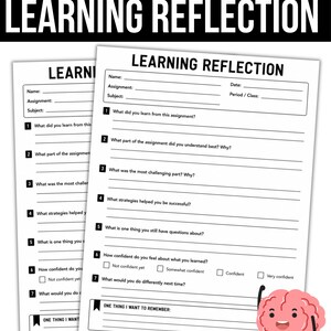 Può includere: Un foglio di lavoro intitolato Learning Reflection con campi per nome, data, compito e materia. Include sette domande numerate sul processo di apprendimento, caselle di controllo per la fiducia e una sezione per una nota da ricordare.
