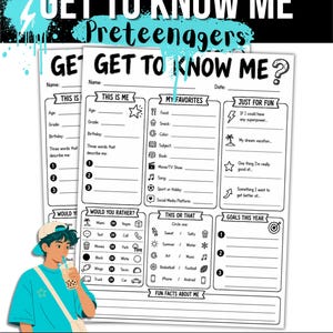 May include: A printable Get To Know Me worksheet for preteenagers featuring sections for personal details, favourites, would you rather questions, this or that choices, and goals. The black and white form includes icons and blank lines for writing.