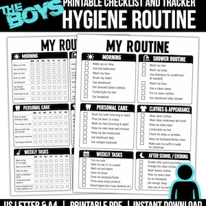 May include: A printable hygiene routine checklist and tracker for The Boys, featuring black and white text on a white background. The document includes sections for morning, personal care, shower routine, clothes, appearance, and weekly tasks.