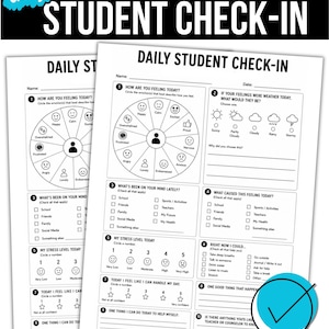 May include: A one-page printable daily student check-in form featuring a black and white layout. The document includes an emotion wheel, weather-themed feeling prompts, stress level scales, and checkboxes for identifying daily concerns and coping strategies.