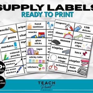 May include: A set of printable supply labels featuring text and colorful icons for office and school items like pencils, pens, markers, glue sticks, tape, magnets, USB drives, staplers, and scissors. The text reads SUPPLY LABELS READY TO PRINT.