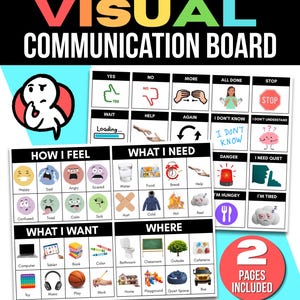 May include: A visual communication board set featuring two pages of grid-based icons for expressing needs, feelings, and locations. Each square contains a colorful illustration and text labels like "How I Feel," "What I Need," "What I Want," and "Where."