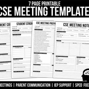 Può includere: Un set di 7 pagine di modelli stampabili per riunioni CSE con testo nero su carta bianca. I documenti includono sezioni per la comunicazione con i genitori, i punti di forza dello studente, la preparazione e le note della riunione.