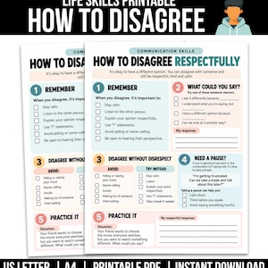 Puede incluir: Un documento educativo imprimible sobre habilidades para la vida titulado How to Disagree Respectfully. La página presenta secciones numeradas con listas de verificación y sugerencias para habilidades de comunicación, incluyendo secciones sobre recordar, iniciadores de oraciones y escenarios de práctica.