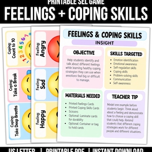 Puede incluir: Un juego SEL imprimible titulado Feelings + Coping Skills que presenta tarjetas coloridas con emojis que representan emociones de enojo, tristeza y felicidad junto a estrategias como contar hasta 10, tomar un descanso y respirar profundo.