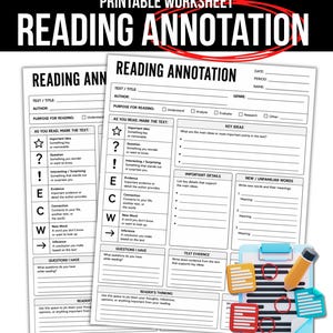 May include: A printable reading annotation worksheet featuring sections for text title, author, genre, and purpose. It includes a guide for marking text with symbols like stars and question marks, plus areas for key ideas, details, and new vocabulary.