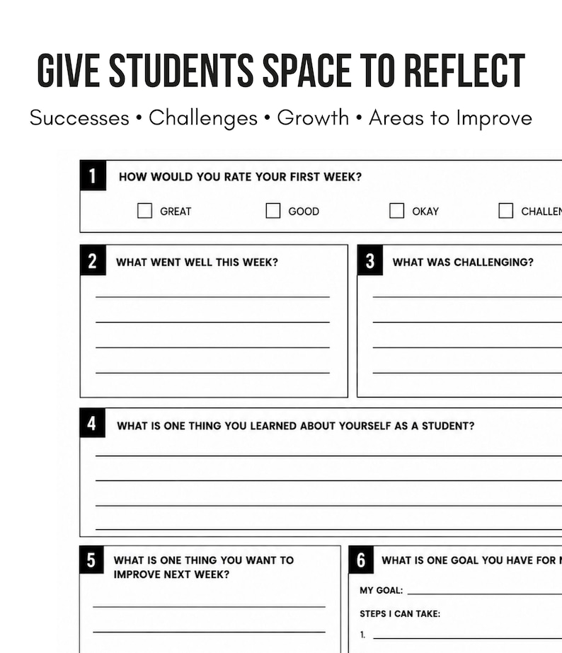 Puede incluir: Una hoja de trabajo de reflexi&oacute;n para estudiantes en blanco y negro titulada GIVE STUDENTS SPACE TO REFLECT. Incluye secciones para &eacute;xitos, desaf&iacute;os, crecimiento y &aacute;reas de mejora, con preguntas numeradas, l&iacute;neas en blanco y casillas.