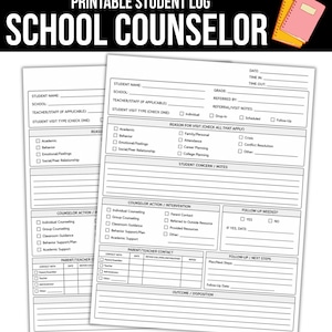May include: A printable school counselor student log form featuring black text on a white background. The document includes sections for student name, visit type, reason for visit, counselor intervention, parent contact, and follow-up notes.