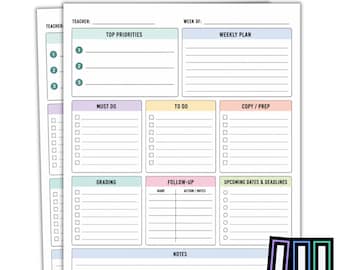 Planilha de Organização para Professores | Planejador Imprimível para Professores | Lista de Tarefas Semanais para Professores | Organização da Sala de Aula | Checklist para Professores
