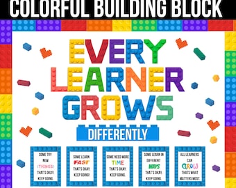 Tablero de anuncios con bloques de construcción coloridos / Cada estudiante crece de manera diferente / Decoración para el aula que fomenta la mentalidad de crecimiento / Material imprimible para un aula inclusiva
