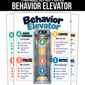 May include: A printable Behavior Elevator poster featuring a central elevator graphic with numbered buttons one through four. The poster includes four color-coded sections labeled Notice, Pause, Choose, and Move Forward, each with bulleted text prompts for emotional regulation and decision-making strategies.