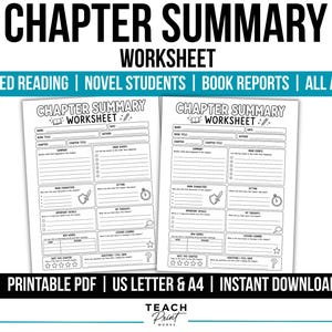 May include: Two identical black and white chapter summary worksheets featuring sections for name, date, book title, author, chapter, summary, main events, main characters, setting, important details, my thoughts, new words, lessons learned, and questions.