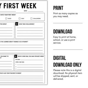 Puede incluir: Una hoja de trabajo imprimible en blanco y negro titulada MY FIRST WEEK con secciones para fecha, calificaci&oacute;n, desaf&iacute;os, reflexiones y metas. El documento incluye instrucciones de texto para imprimir, descargar y formato digital.