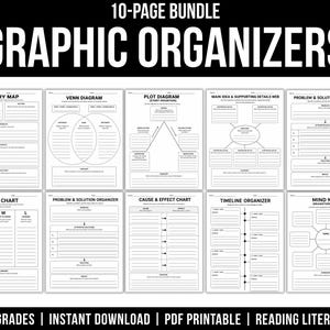 May include: A 10-page bundle of black and white graphic organizers featuring a story map, Venn diagram, plot diagram, main idea web, problem and solution organizer, KWL chart, cause and effect chart, timeline organizer, and a mind map.