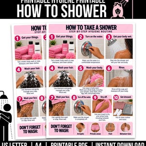 May include: A printable hygiene chart titled How to Take a Shower with ten numbered steps. The document features pink and white sections with text instructions and photographs illustrating a step-by-step shower routine, including washing hair, body, and face.