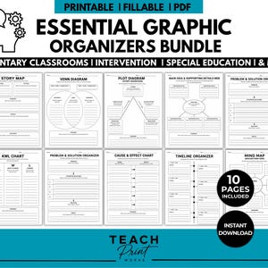 Graphic Organizers Bundle Printable | Story Map, Venn Diagram, KWL Chart, Plot Diagram | Reading Worksheets