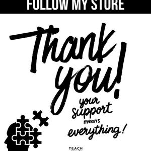 K&ouml;nnte beinhalten: Eine schwarz-wei&szlig;e Grafik mit dem Text FOLLOW MY STORE oben. Darunter stehen die Worte Thank you! your support means everything! in einer Pinsel-Schriftart. Unten links befindet sich die Silhouette eines menschlichen Kopfes mit Puzzleteilen.