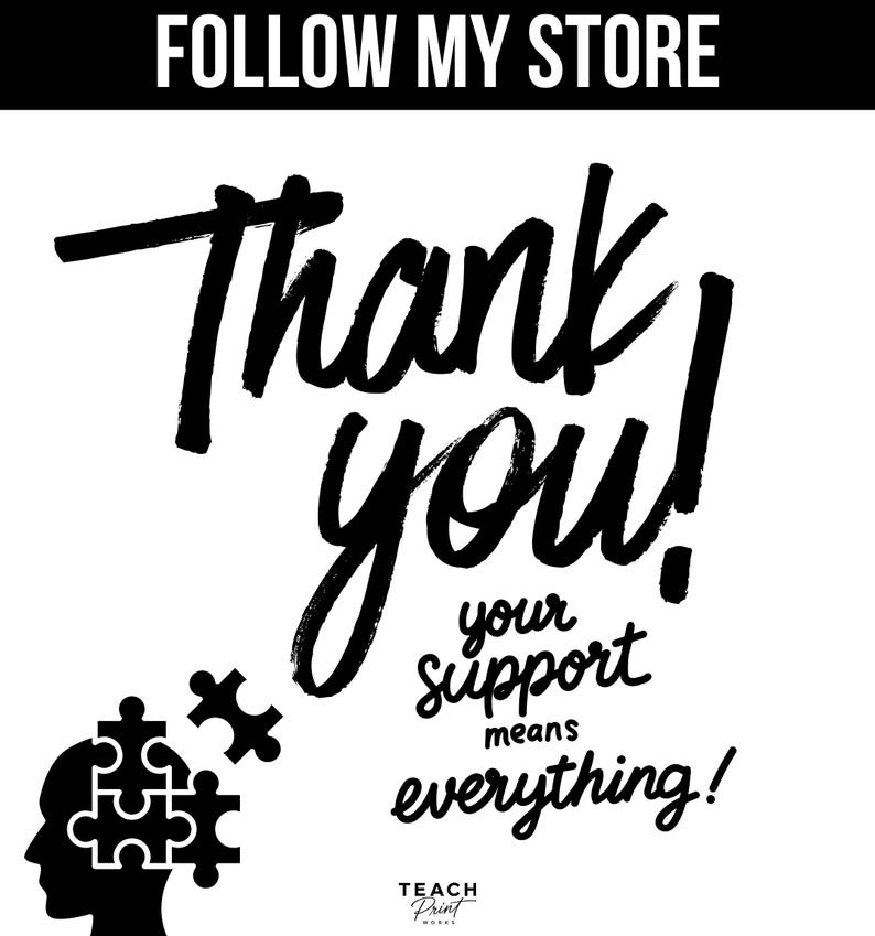K&ouml;nnte beinhalten: Eine schwarz-wei&szlig;e Grafik mit dem Text FOLLOW MY STORE oben. Darunter stehen die Worte Thank you! your support means everything! in einer Pinsel-Schriftart. Unten links befindet sich die Silhouette eines menschlichen Kopfes mit Puzzleteilen.