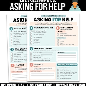 Puede incluir: Una hoja de trabajo imprimible de habilidades para la vida titulada Asking for Help, con secciones sobre identificar necesidades, elegir a quién pedir ayuda, frases iniciales y escenarios de práctica en tonos azul, melocotón y blanco.