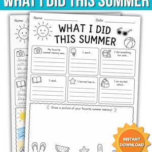 Pode incluir: Uma folha de atividades branca intitulada WHAT I DID THIS SUMMER com ícones de linhas pretas, incluindo sol, óculos de sol, bola de praia, câmera, sorvete, balde de areia, livro, estrela e mochila. A página contém linhas para escrever.
