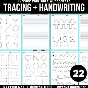 Può includere: Un set di 22 fogli di lavoro stampabili per esercizi di tracciamento e calligrafia. Le pagine bianche presentano linee tratteggiate nere che formano varie forme, motivi e curve, insieme a carta a righe con guide blu e rosse.