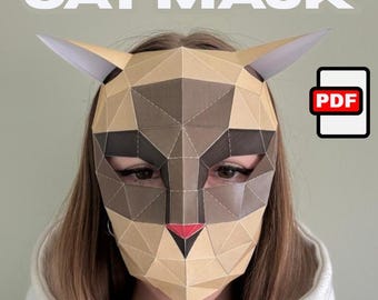 Cat Mask Papercraft Template – DIY 3D Printable Costume PDF/SVG, Halloween, Cosplay, Furry Mask, Cat Lover Gift, Low Poly Paper Masquerade