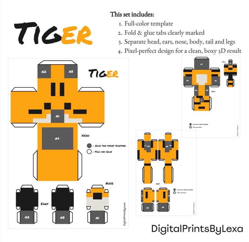Tiger Papercraft Template – DIY 3D Pixel Animal Paper Model PDF/SVG ...