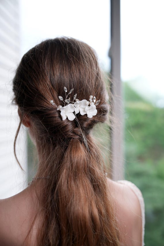 Handmade Wedding Hair Comb & Pins Set with Crystals & Ceramic Flowers Wedding Hair Accessories Gold Ceramic Flowers Bridal Hair  main image 4