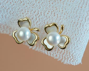 Gold-Plated Clover Pearl Studs: Dainty Wedding Earrings