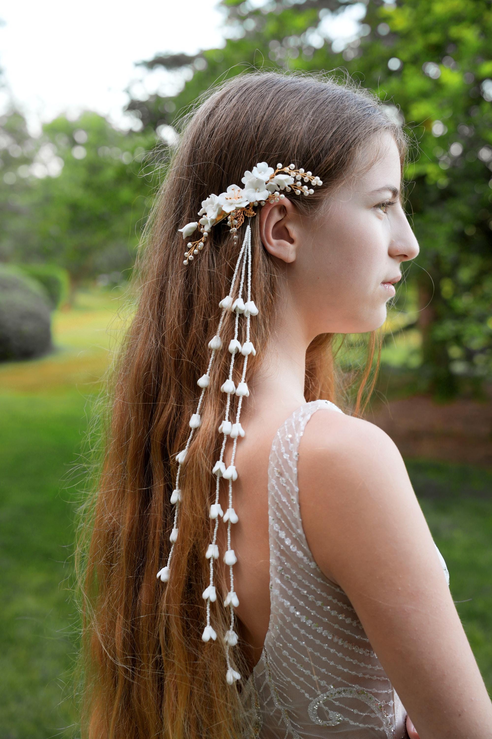 Floral Bridal Hair Clip with Tassel: Japanese Wedding Headpiece