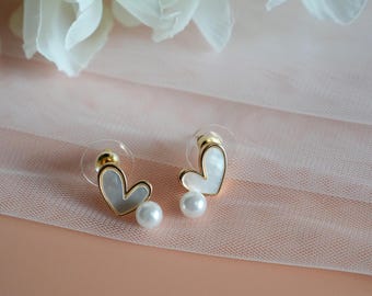Gold Heart Earrings for Women | Mother of Pearl Studs