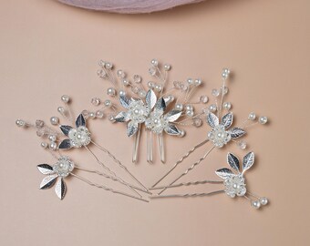 Horquillas de novia con perlas y cristales (juego de 5): peineta floral plateada para boda