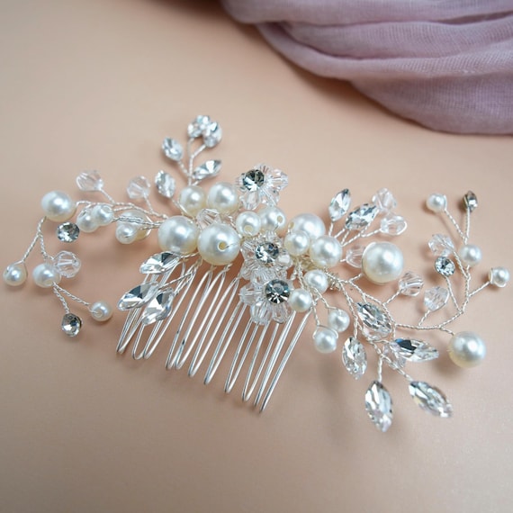 Pearl & Crystal Bridal Hair Comb: Handmade Silver Rhinestone 