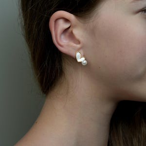Dainty Gold Heart Earrings: Mother of Pearl Studs, Minimalist Jewelry