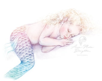 PRINT Baby Full Colour Mermaid Art Unframed Sleeping Girl Toddler Child Pencil Drawing