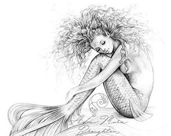 PRINT Tranquil Mermaid Art Pencil Drawing Black and White