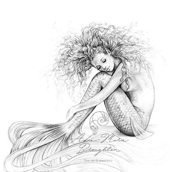 PRINT Tranquil Mermaid Art Pencil Drawing Black and White