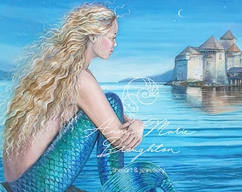 PRINT Mermaid Across The Shore Fairytale Castle by the Lake Little Mermaid Art Unframed Acrylic Painting
