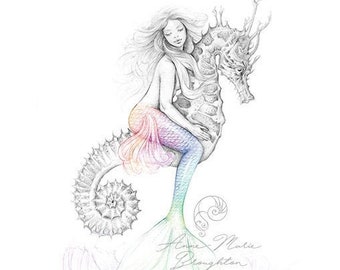 PRINT Mermaid Riding Seahorse Art Unframed Colour Splash Rainbow Tail Pencil Drawing